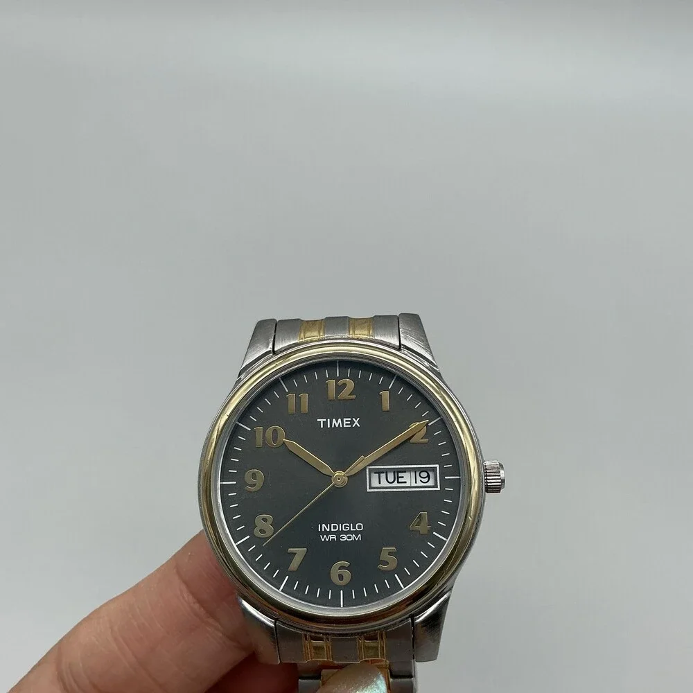 Timex Indiglo Mens Watch 35mm Black Dial Two Tone Bracelet Day Date New Battery